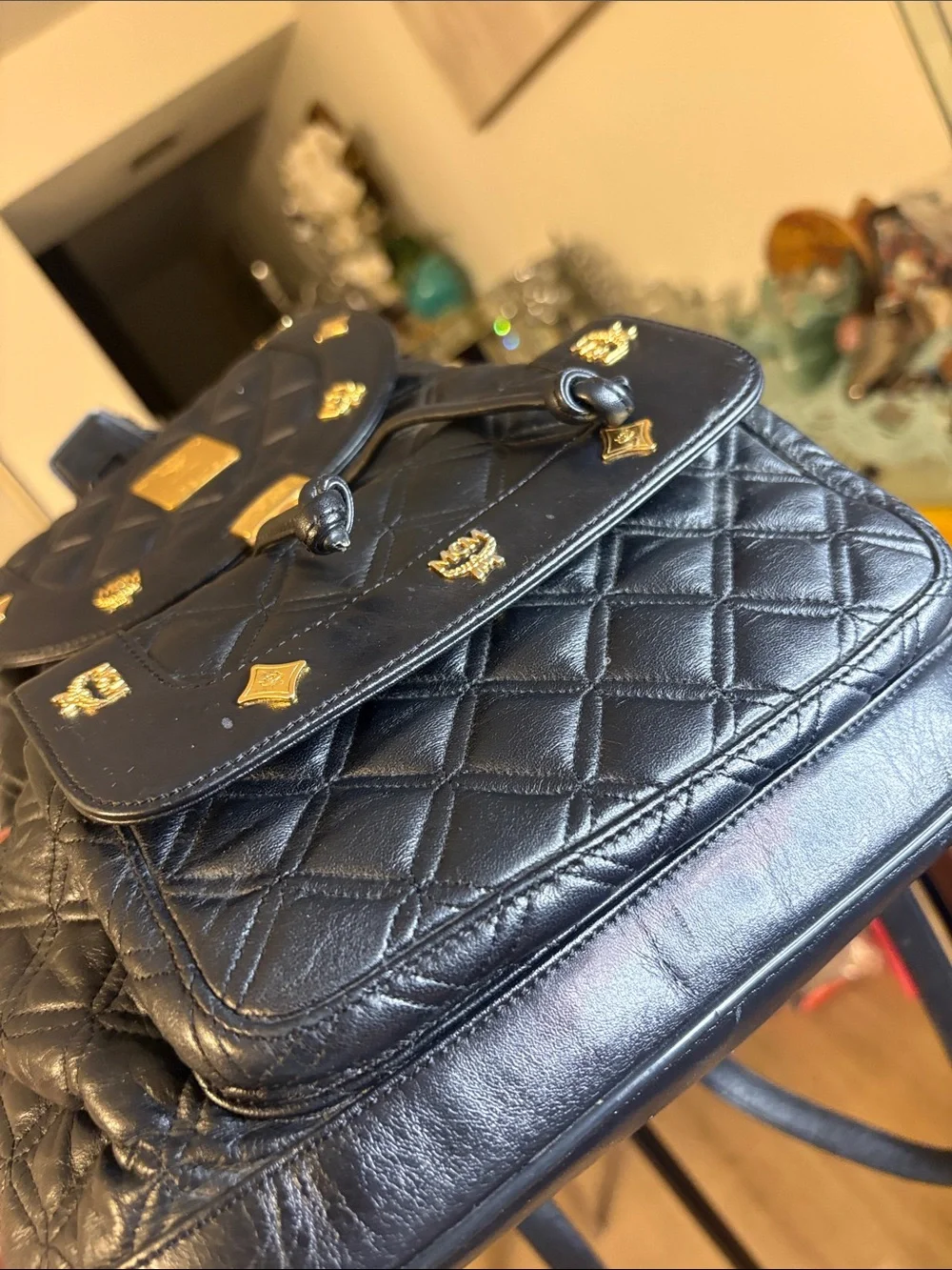 MCM Black Quilted Leather Backpack with Gold Accents